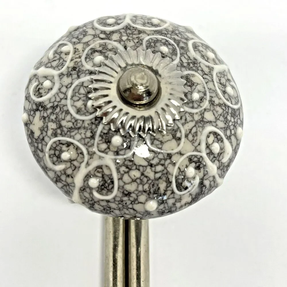 Ceramic Ornate Double Coat Hat Or Towel Hook Grey & White With Silver Hardware